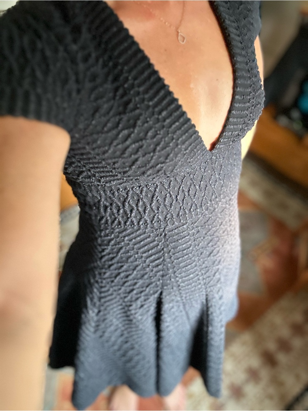 HUNTER BELL Black Textured V-Neck Fit & Flare Mini Dress